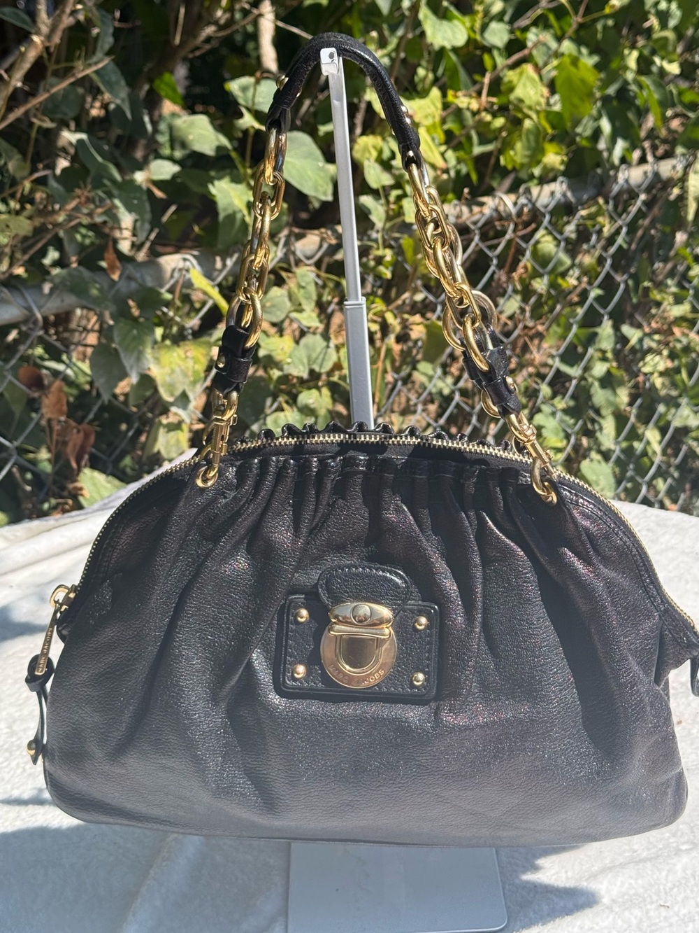 Authentic Marc Jacobs Black Leather Capra Ruched Satchel Bag